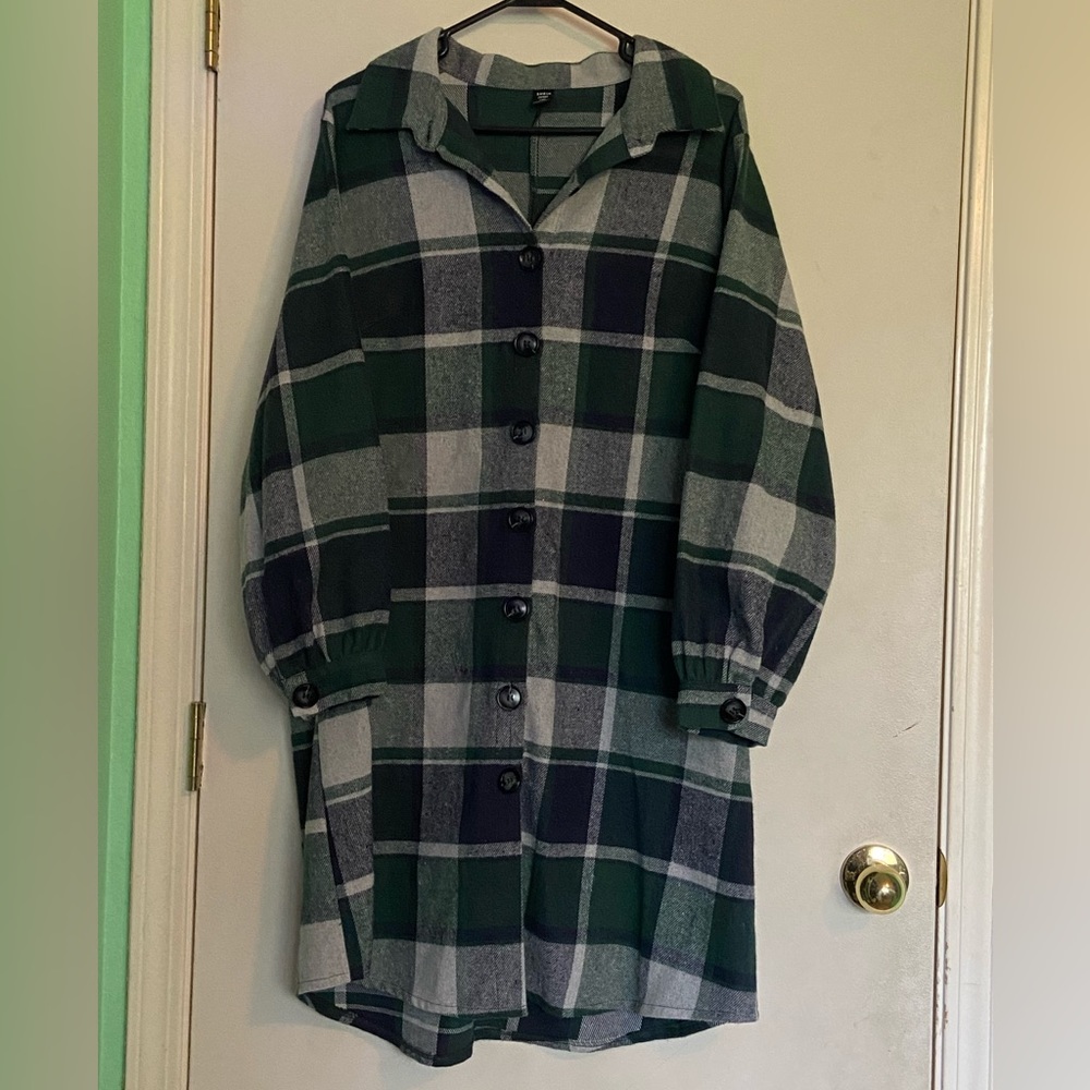 SHEIN curve 1X Long Buttoned Green Flannel Coat